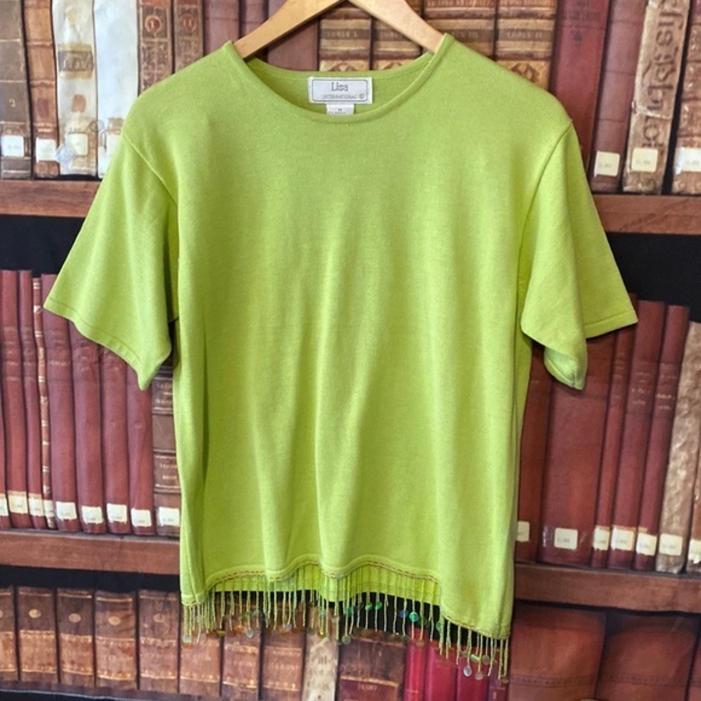 Lisa International Lime Green Beaded Fringe Sweater Top Medium